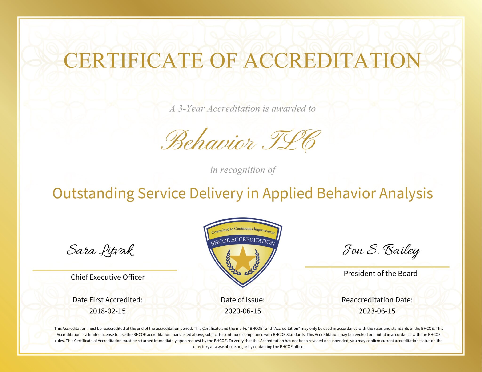 Behavior TLC Earns 3Year BHCOE Renewal Accreditation!